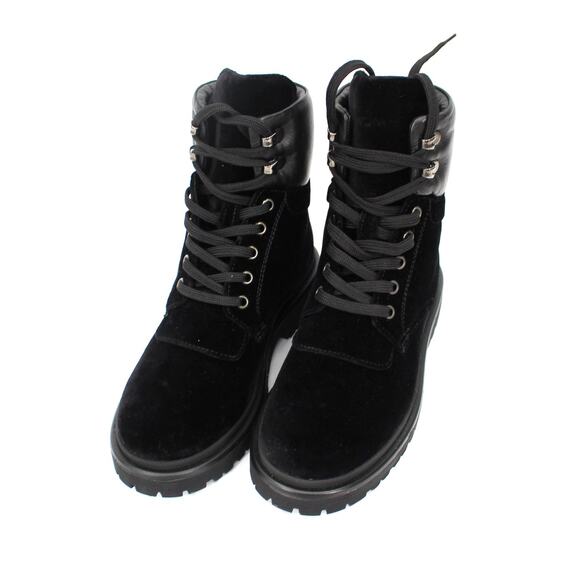Moncler Patty Black Velvet Leather Trim Lace Up Tie Combat Boots 36 Ankle Bootie - Picture 2 of 9